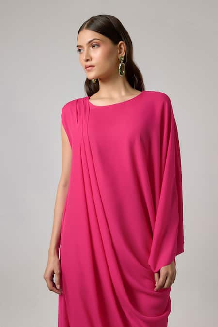 Buy NA-KA Fuchsia Georgette Round Neck Asymmetric Sleeve Pleated Cowl Gown Online at Aza Fashions Buy_NA-KA_Fuchsia Georgette Round Neck Asymmetric Sleeve Pleated Cowl Gown _Online_at_Aza_Fashions