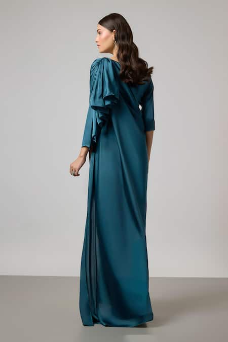 Shop NA-KA Teal Satin Boat Neck Draped Top And Pleated Skirt Set at Aza Fashions Shop_NA-KA_Teal Satin Boat Neck Draped Top And Pleated Skirt Set _at_Aza_Fashions