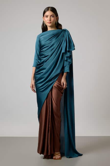 Buy NA-KA Teal Satin Boat Neck Draped Top And Pleated Skirt Set Online at Aza Fashions Buy_NA-KA_Teal Satin Boat Neck Draped Top And Pleated Skirt Set _Online_at_Aza_Fashions