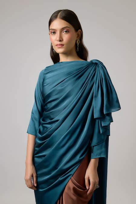 Shop NA-KA Teal Satin Boat Neck Draped Top And Pleated Skirt Set Online at Aza Fashions Shop_NA-KA_Teal Satin Boat Neck Draped Top And Pleated Skirt Set _Online_at_Aza_Fashions