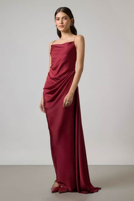 NA-KA Maroon Satin Cowl Neck Gown Online at Aza Fashions NA-KA_Maroon Satin Cowl Neck Gown _Online_at_Aza_Fashions