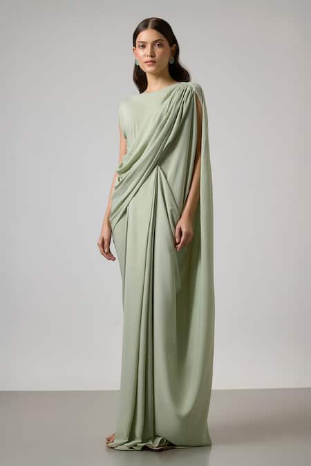 NA-KA Green Georgette Round Neck Draped Pleated Cowl Gown Online at Aza Fashions NA-KA_Green Georgette Round Neck Draped Pleated Cowl Gown _Online_at_Aza_Fashions