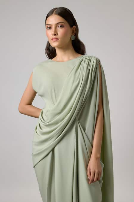 Buy NA-KA Green Georgette Round Neck Draped Pleated Cowl Gown Online at Aza Fashions Buy_NA-KA_Green Georgette Round Neck Draped Pleated Cowl Gown _Online_at_Aza_Fashions