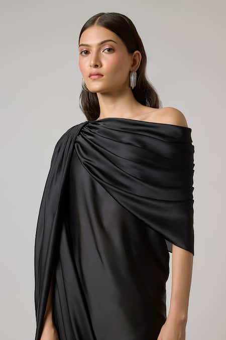 NA-KA Black Satin One Shoulder Draped Gown Online at Aza Fashions NA-KA_Black Satin One Shoulder Draped Gown _Online_at_Aza_Fashions