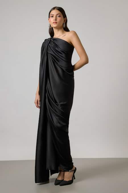 Buy NA-KA Black Satin One Shoulder Draped Gown Online at Aza Fashions Buy_NA-KA_Black Satin One Shoulder Draped Gown _Online_at_Aza_Fashions