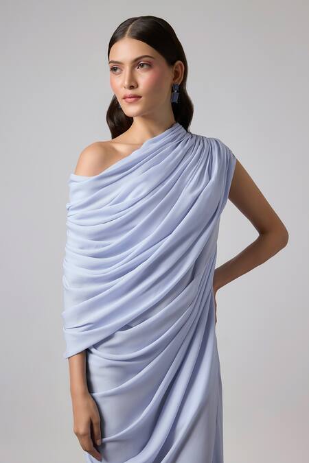 Buy NA-KA Blue Georgette Off-shoulder Off Cowl Gown With Drape Online at Aza Fashions Buy_NA-KA_Blue Georgette Off-shoulder Off Cowl Gown With Drape _Online_at_Aza_Fashions