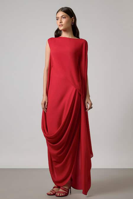 NA-KA Red Georgette Boat Neck Draped Double Gown Online at Aza Fashions NA-KA_Red Georgette Boat Neck Draped Double Gown _Online_at_Aza_Fashions