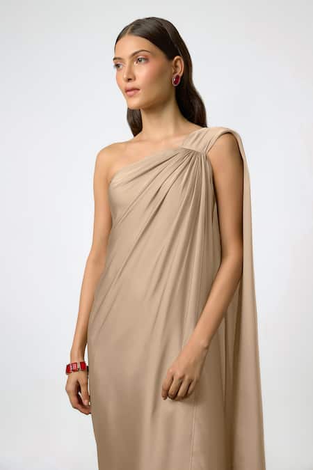 NA-KA Gold Satin One Shoulder Gathered Gown Online at Aza Fashions NA-KA_Gold Satin One Shoulder Gathered Gown _Online_at_Aza_Fashions