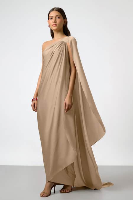 Buy NA-KA Gold Satin One Shoulder Gathered Gown Online at Aza Fashions Buy_NA-KA_Gold Satin One Shoulder Gathered Gown _Online_at_Aza_Fashions