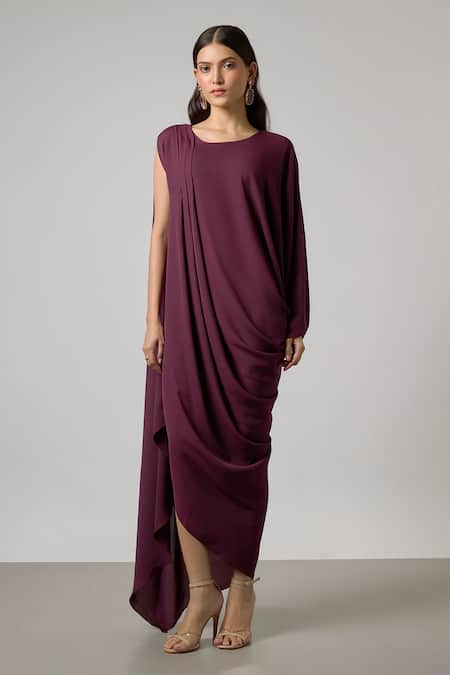 NA-KA Wine Georgette Round Neck Asymmetric Sleeve Cowl And Pleated Gown Online at Aza Fashions NA-KA_Wine Georgette Round Neck Asymmetric Sleeve Cowl And Pleated Gown _Online_at_Aza_Fashions