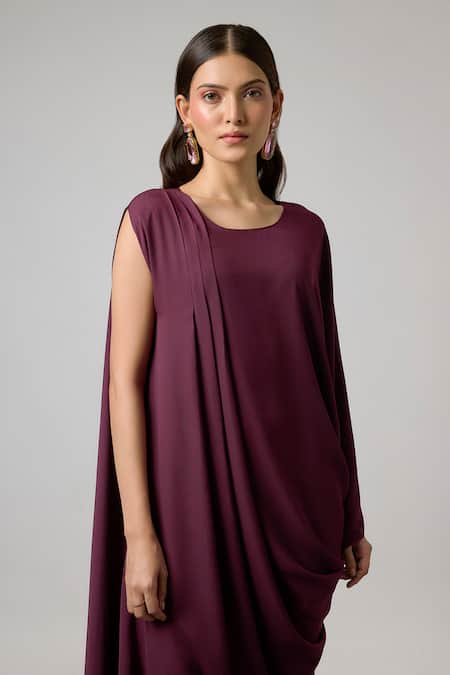Buy NA-KA Wine Georgette Round Neck Asymmetric Sleeve Cowl And Pleated Gown Online at Aza Fashions Buy_NA-KA_Wine Georgette Round Neck Asymmetric Sleeve Cowl And Pleated Gown _Online_at_Aza_Fashions