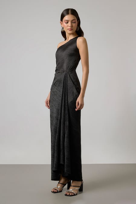 NA-KA Black Off-, One Self Pleated Off Gown Online at Aza Fashions NA-KA_Black Off-, One Self Pleated Off Gown _Online_at_Aza_Fashions