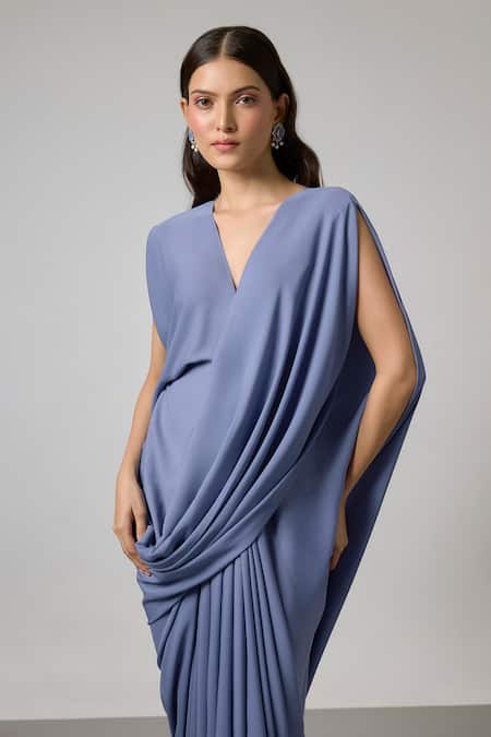 NA-KA Blue Georgette V-neck Double Pleated And Cowl Gown. Online at Aza Fashions NA-KA_Blue Georgette V-neck Double Pleated And Cowl Gown. _Online_at_Aza_Fashions