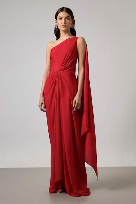 NA-KA Red Georgette One Shoulder Pleated And Gathered Gown Online at Aza Fashions NA-KA_Red Georgette One Shoulder Pleated And Gathered Gown _Online_at_Aza_Fashions