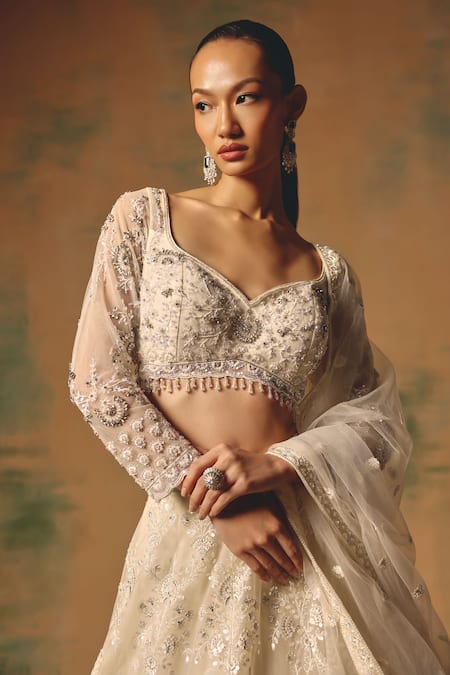 Basanti - Kapde Aur Koffee_Ivory Net Sequins, Stones, Beads, Embroidery The Moonflower Lehenga Set _Online_at_Aza_Fashions