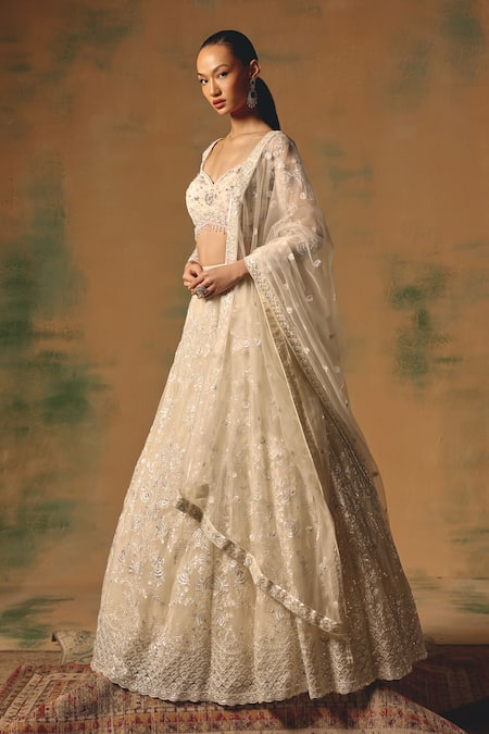 Buy_Basanti - Kapde Aur Koffee_Ivory Net Sequins, Stones, Beads, Embroidery The Moonflower Lehenga Set _Online_at_Aza_Fashions