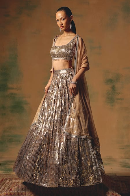 Buy Basanti - Kapde Aur Koffee Gold Georgette Sequins, Stones, Beads Square Neck, The Desert Drift Lehenga Set Online at Aza Fashions Buy_Basanti - Kapde Aur Koffee_Gold Georgette Sequins, Stones, Beads Square Neck, The Desert Drift Lehenga Set _Online_at_Aza_Fashions