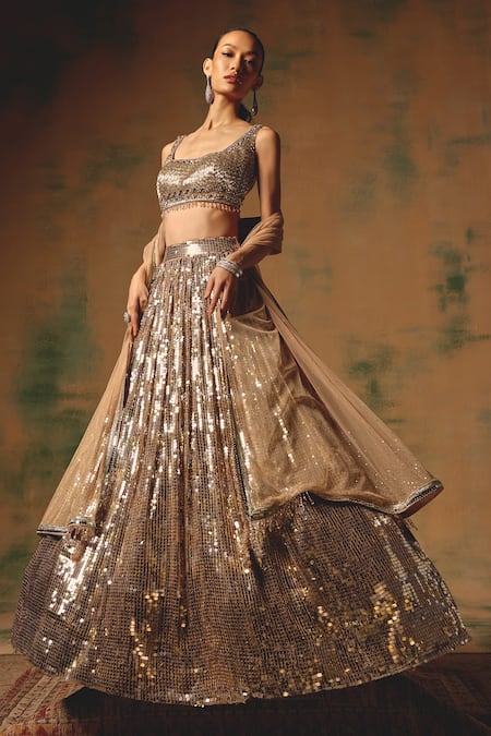 Shop Basanti - Kapde Aur Koffee Gold Georgette Sequins, Stones, Beads Square Neck, The Desert Drift Lehenga Set Online at Aza Fashions Shop_Basanti - Kapde Aur Koffee_Gold Georgette Sequins, Stones, Beads Square Neck, The Desert Drift Lehenga Set _Online_at_Aza_Fashions