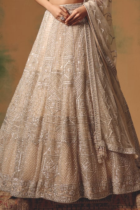 Shop Basanti - Kapde Aur Koffee Ivory Net Sequins, Beads, Embroidery, Metallic The Echo Of Beige Lehenga Set Shop_Basanti - Kapde Aur Koffee_Ivory Net Sequins, Beads, Embroidery, Metallic The Echo Of Beige Lehenga Set
