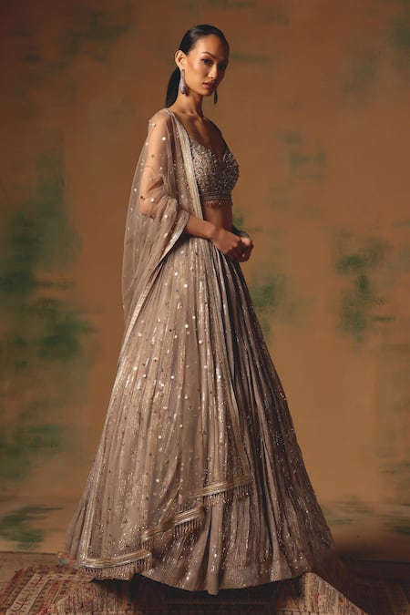 Basanti - Kapde Aur Koffee Gray Georgette Sequins, Beads, Cut Work The Champagne Glow Lehenga Set Online at Aza Fashions Basanti - Kapde Aur Koffee_Gray Georgette Sequins, Beads, Cut Work The Champagne Glow Lehenga Set _Online_at_Aza_Fashions