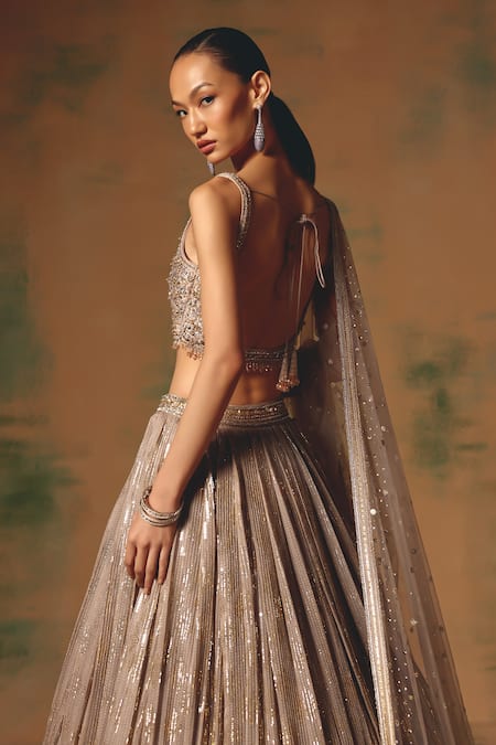 Basanti - Kapde Aur Koffee Gray Georgette Sequins, Beads, Cut Work The Champagne Glow Lehenga Set at Aza Fashions Basanti - Kapde Aur Koffee_Gray Georgette Sequins, Beads, Cut Work The Champagne Glow Lehenga Set _at_Aza_Fashions