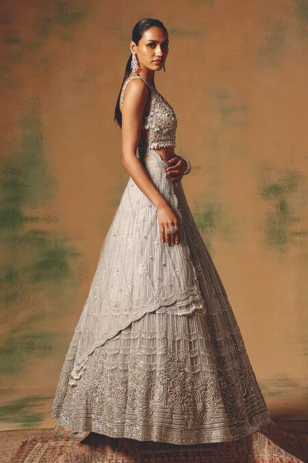 Basanti - Kapde Aur Koffee Grey Net Sequins, Pearls, Embroidery V-neck The Silvered Dove Lehenga Set Online at Aza Fashions Basanti - Kapde Aur Koffee_Grey Net Sequins, Pearls, Embroidery V-neck The Silvered Dove Lehenga Set _Online_at_Aza_Fashions
