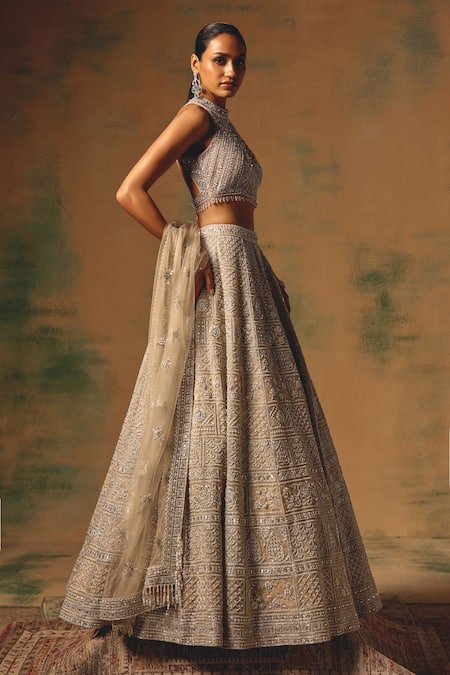 Basanti - Kapde Aur Koffee_Beige Organza Sequins, Stones, Pearls, Embroidery The Amber Dusk Lehenga Set _Online_at_Aza_Fashions