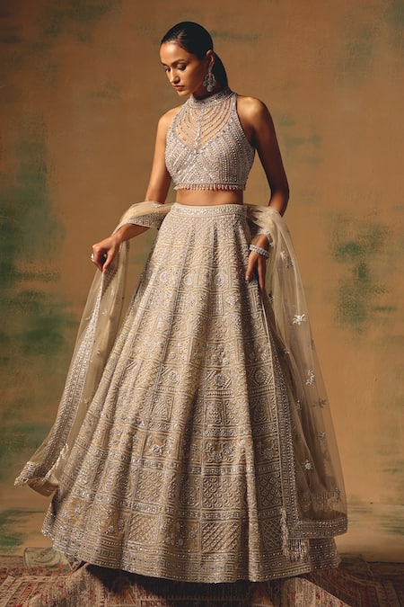 Buy_Basanti - Kapde Aur Koffee_Beige Organza Sequins, Stones, Pearls, Embroidery The Amber Dusk Lehenga Set _Online_at_Aza_Fashions