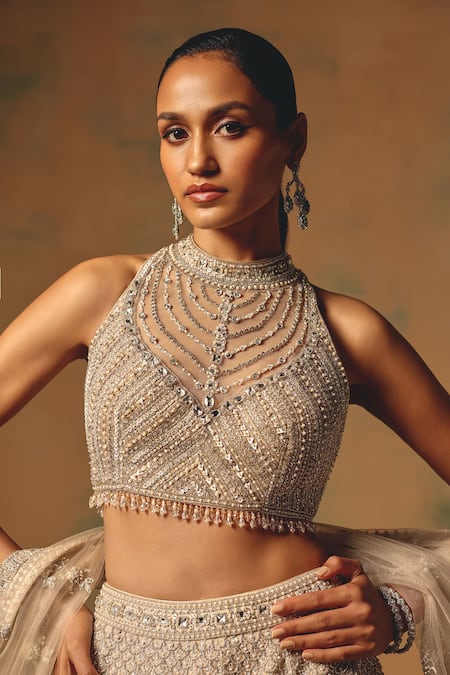 Basanti - Kapde Aur Koffee_Beige Organza Sequins, Stones, Pearls, Embroidery The Amber Dusk Lehenga Set _at_Aza_Fashions