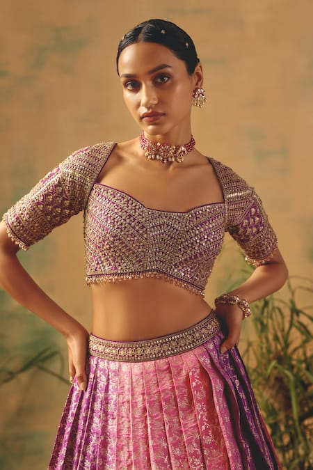 Buy Basanti - Kapde Aur Koffee Purple Brocade Sequins, Beads, Cut Work, Zari, Tassels The Wildrose Lehenga Set Online at Aza Fashions Buy_Basanti - Kapde Aur Koffee_Purple Brocade Sequins, Beads, Cut Work, Zari, Tassels The Wildrose Lehenga Set_Online_at_Aza_Fashions