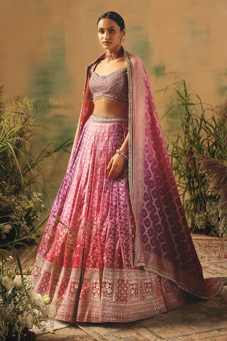 Basanti - Kapde Aur Koffee Purple Brocade Sequins, Beads, Cut Work, Zari, Tassels The Wildrose Lehenga Set at Aza Fashions Basanti - Kapde Aur Koffee_Purple Brocade Sequins, Beads, Cut Work, Zari, Tassels The Wildrose Lehenga Set_at_Aza_Fashions