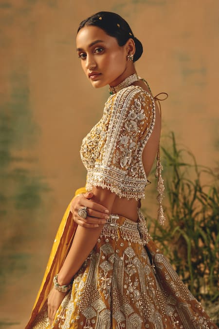 Basanti - Kapde Aur Koffee Mustard Organza Sequins, Crystals, Beads, The Enchanted Citrine Lehenga Set Online at Aza Fashions Basanti - Kapde Aur Koffee_Mustard Organza Sequins, Crystals, Beads, The Enchanted Citrine Lehenga Set _Online_at_Aza_Fashions