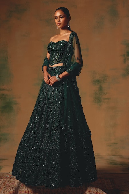 Basanti - Kapde Aur Koffee Green Net Sequins, Beads, Cut Work Sweetheart Neck The Wild Ivy Lehenga Set Online at Aza Fashions Basanti - Kapde Aur Koffee_Green Net Sequins, Beads, Cut Work Sweetheart Neck The Wild Ivy Lehenga Set _Online_at_Aza_Fashions