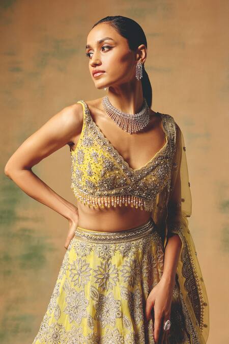 Basanti - Kapde Aur Koffee Yellow Net Sequins, Stones, Pearls, Embroidery The Solstice Fern Lehenga Set Online at Aza Fashions Basanti - Kapde Aur Koffee_Yellow Net Sequins, Stones, Pearls, Embroidery The Solstice Fern Lehenga Set _Online_at_Aza_Fashions