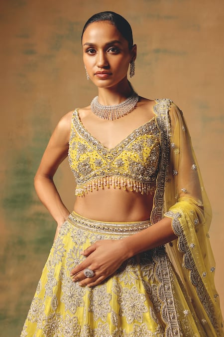 Shop Basanti - Kapde Aur Koffee Yellow Net Sequins, Stones, Pearls, Embroidery The Solstice Fern Lehenga Set Online at Aza Fashions Shop_Basanti - Kapde Aur Koffee_Yellow Net Sequins, Stones, Pearls, Embroidery The Solstice Fern Lehenga Set _Online_at_Aza_Fashions