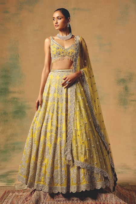 Shop Basanti - Kapde Aur Koffee Yellow Net Sequins, Stones, Pearls, Embroidery The Solstice Fern Lehenga Set Shop_Basanti - Kapde Aur Koffee_Yellow Net Sequins, Stones, Pearls, Embroidery The Solstice Fern Lehenga Set