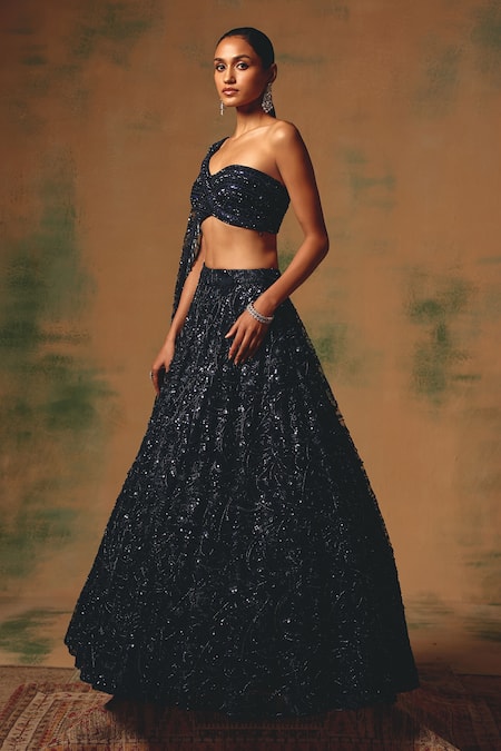 Basanti - Kapde Aur Koffee Blue Net Sequins, Crystals, Stones, Embroidery The Waltz Of Midnight Lehenga Set Online at Aza Fashions Basanti - Kapde Aur Koffee_Blue Net Sequins, Crystals, Stones, Embroidery The Waltz Of Midnight Lehenga Set _Online_at_Aza_Fashions