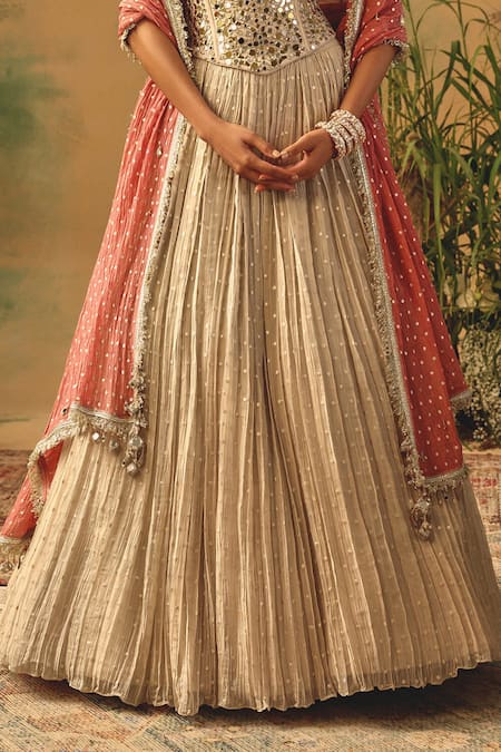 Basanti - Kapde Aur Koffee Ivory Tissue Mirrors, Embroidery, Sequins, Metallic Work Corset Lehenga Set Online at Aza Fashions Basanti - Kapde Aur Koffee_Ivory Tissue Mirrors, Embroidery, Sequins, Metallic Work Corset Lehenga Set _Online_at_Aza_Fashions