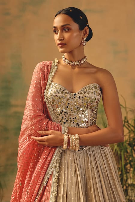 Buy Basanti - Kapde Aur Koffee Ivory Tissue Mirrors, Embroidery, Sequins, Metallic Work Corset Lehenga Set Online at Aza Fashions Buy_Basanti - Kapde Aur Koffee_Ivory Tissue Mirrors, Embroidery, Sequins, Metallic Work Corset Lehenga Set _Online_at_Aza_Fashions