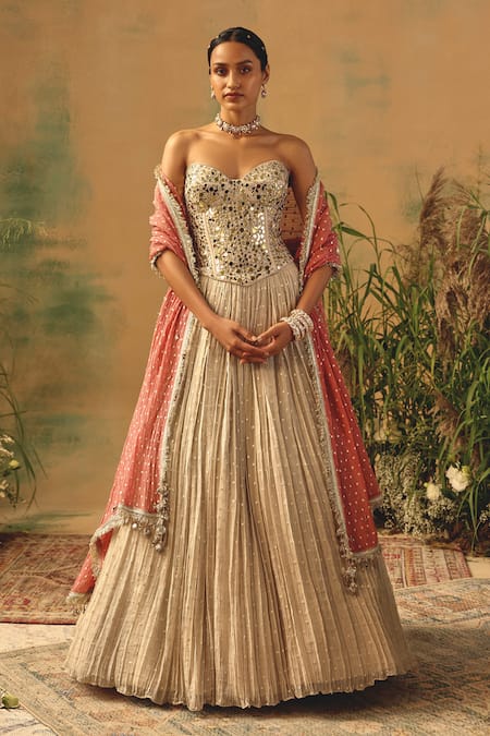 Basanti - Kapde Aur Koffee Mirror Work Corset Lehenga Set