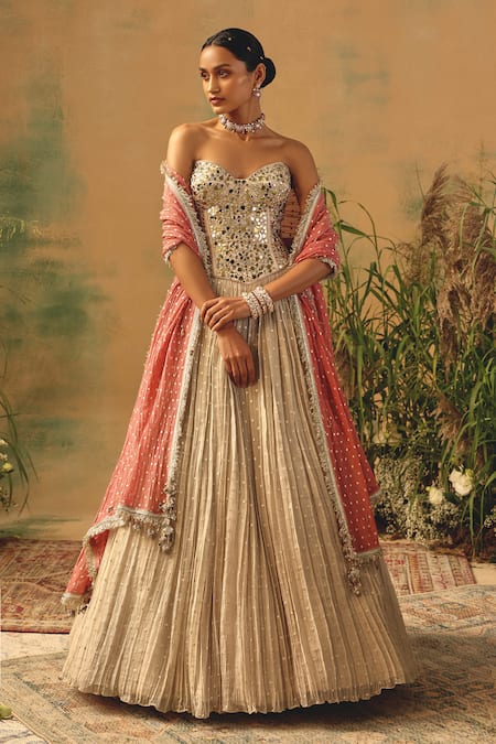 Buy Basanti - Kapde Aur Koffee Ivory Tissue Mirrors, Embroidery, Sequins, Metallic Work Corset Lehenga Set Buy_Basanti - Kapde Aur Koffee_Ivory Tissue Mirrors, Embroidery, Sequins, Metallic Work Corset Lehenga Set