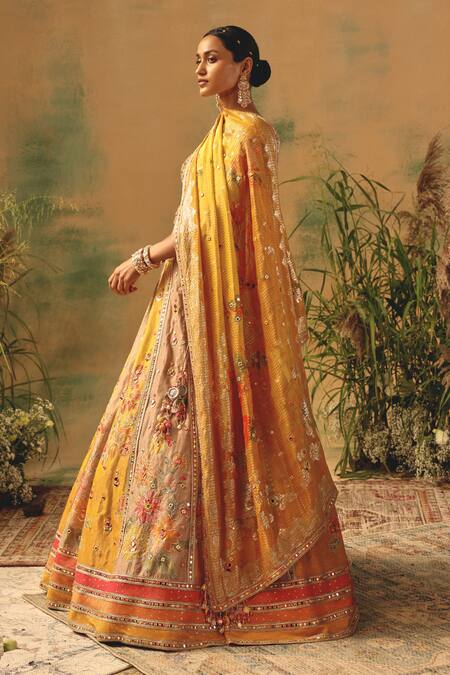 Shop Basanti - Kapde Aur Koffee Multi Color Tissue Sequins, Mirrors, Embroidery The Ochre Reverie Lehenga Set Online at Aza Fashions Shop_Basanti - Kapde Aur Koffee_Multi Color Tissue Sequins, Mirrors, Embroidery The Ochre Reverie Lehenga Set _Online_at_Aza_Fashions