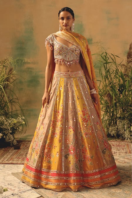 Basanti - Kapde Aur Koffee Multi Color Tissue Sequins, Mirrors, Embroidery The Ochre Reverie Lehenga Set at Aza Fashions Basanti - Kapde Aur Koffee_Multi Color Tissue Sequins, Mirrors, Embroidery The Ochre Reverie Lehenga Set _at_Aza_Fashions