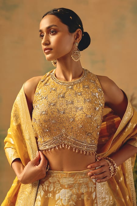 Buy Basanti - Kapde Aur Koffee Mustard Brocade Sequins, Pearls, Embroidery, The Embers Of Marigold Lehenga Set Online at Aza Fashions Buy_Basanti - Kapde Aur Koffee_Mustard Brocade Sequins, Pearls, Embroidery, The Embers Of Marigold Lehenga Set _Online_at_Aza_Fashions
