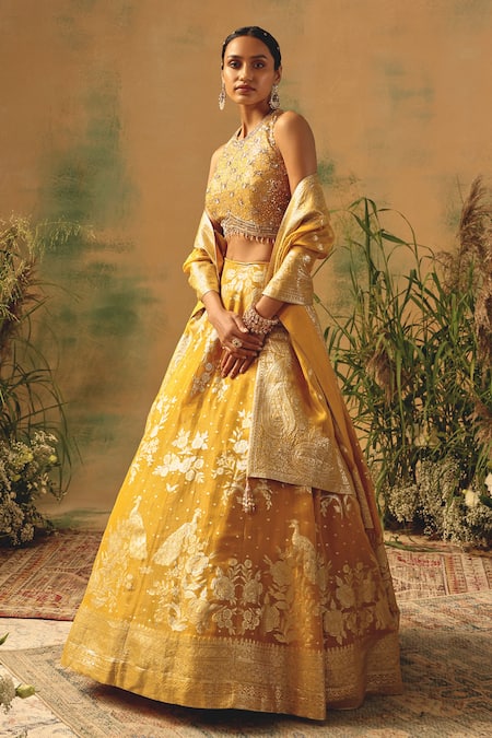 Basanti - Kapde Aur Koffee Mustard Brocade Sequins, Pearls, Embroidery, The Embers Of Marigold Lehenga Set at Aza Fashions Basanti - Kapde Aur Koffee_Mustard Brocade Sequins, Pearls, Embroidery, The Embers Of Marigold Lehenga Set _at_Aza_Fashions