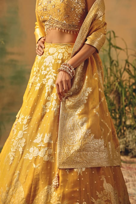 Buy Basanti - Kapde Aur Koffee Mustard Brocade Sequins, Pearls, Embroidery, The Embers Of Marigold Lehenga Set Buy_Basanti - Kapde Aur Koffee_Mustard Brocade Sequins, Pearls, Embroidery, The Embers Of Marigold Lehenga Set