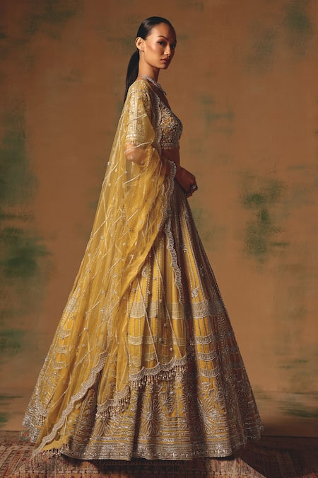 Basanti - Kapde Aur Koffee Yellow Viscose, Organza Sequins, Crystals, The Glint Of Sunshine Lehenga Set Online at Aza Fashions Basanti - Kapde Aur Koffee_Yellow Viscose, Organza Sequins, Crystals, The Glint Of Sunshine Lehenga Set _Online_at_Aza_Fashions