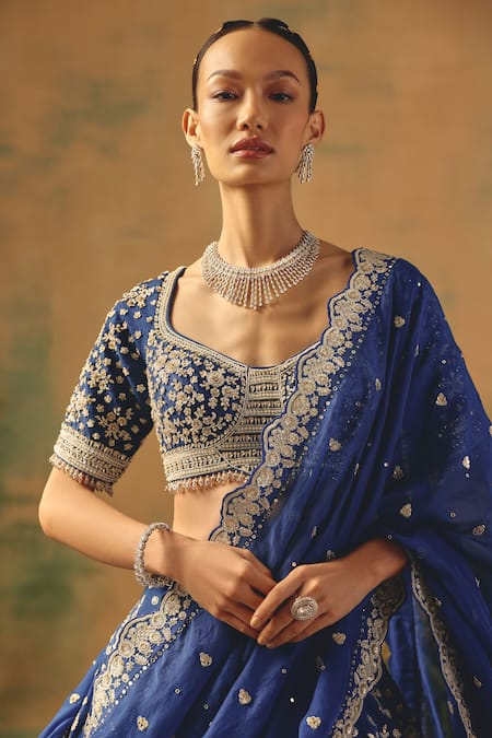 Basanti - Kapde Aur Koffee Blue Viscose, Organza Sequins, Crystals, Pearls, The Electric Peony Lehenga Set Online at Aza Fashions Basanti - Kapde Aur Koffee_Blue Viscose, Organza Sequins, Crystals, Pearls, The Electric Peony Lehenga Set _Online_at_Aza_Fashions