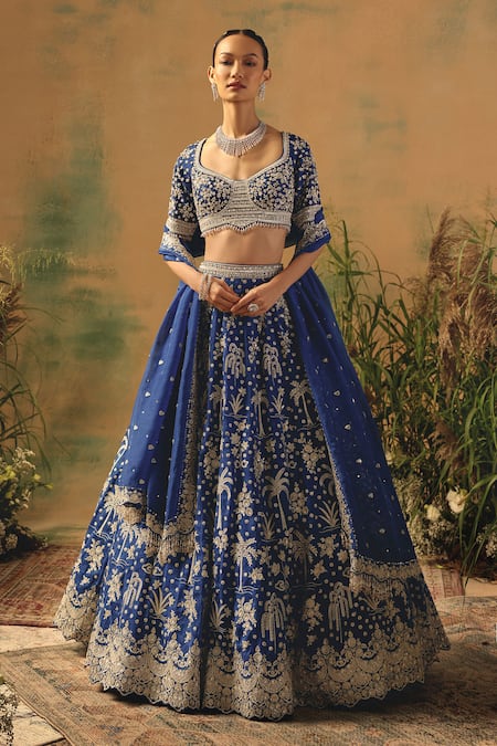 Shop Basanti - Kapde Aur Koffee Blue Viscose, Organza Sequins, Crystals, Pearls, The Electric Peony Lehenga Set Online at Aza Fashions Shop_Basanti - Kapde Aur Koffee_Blue Viscose, Organza Sequins, Crystals, Pearls, The Electric Peony Lehenga Set _Online_at_Aza_Fashions
