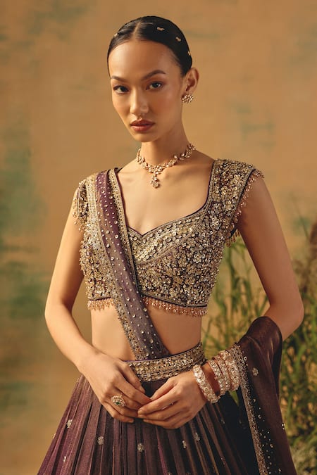 Basanti - Kapde Aur Koffee Purple Tissue Sequins, Crystals, Beads The Winewood Whisper Lehenga Set Online at Aza Fashions Basanti - Kapde Aur Koffee_Purple Tissue Sequins, Crystals, Beads The Winewood Whisper Lehenga Set _Online_at_Aza_Fashions